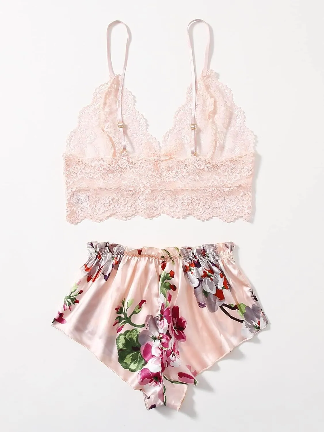 WDIRARA Women's 2 Piece Lingerie Floral Lace Cami Top with Satin Shorts Sleepwear Pajama Set
