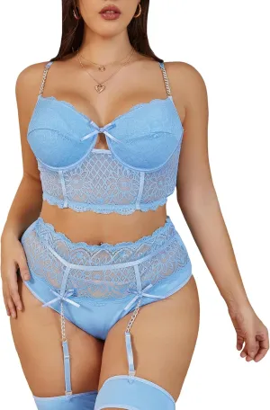 WDIRARA Women's Plus Size Floral Lace Bow Front Underwire Garter Lingerie Set with Leg Rings