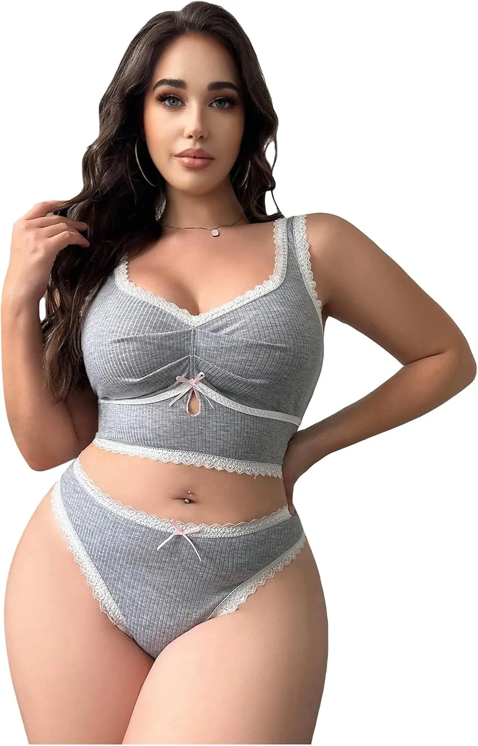 WDIRARA Women's Plus Size Lace Trim Ruched Underwire Lingerie Set Bralette and Panty Set