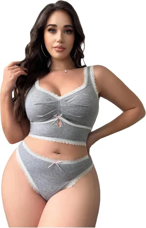 WDIRARA Women's Plus Size Lace Trim Ruched Underwire Lingerie Set Bralette and Panty Set