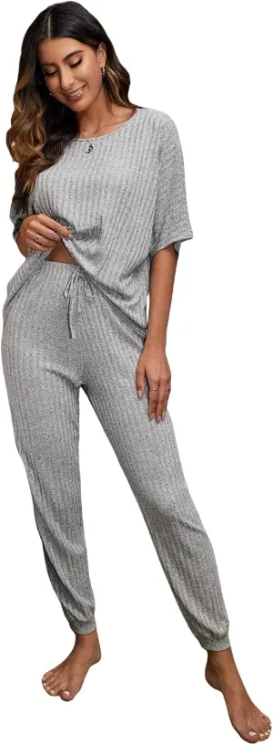 WDIRARA Women's Ribbed Half Sleeve Top and Tie Front Pants Soft Pajama Lounge Set
