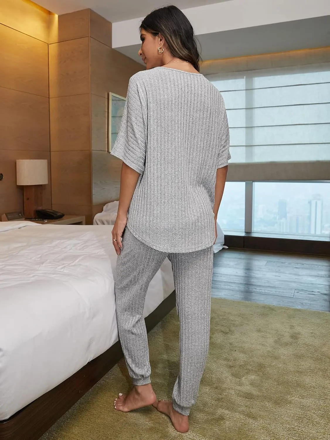WDIRARA Women's Ribbed Half Sleeve Top and Tie Front Pants Soft Pajama Lounge Set