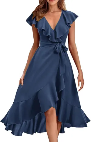Wedding Guest Dresses for Women 2025 Gowns Evening Party Cocktail Dress Long Split Elegant V Neck Wrap Ruffle Guest Dresses