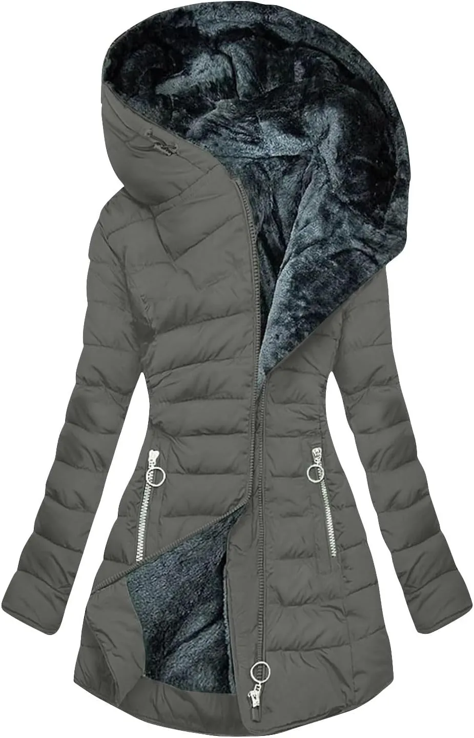 Winter Coat for Women - Fleece Lined Hooded Puffer Jacket With Long Sleeve, Fur Trim, Full Zip, Thicken Parka