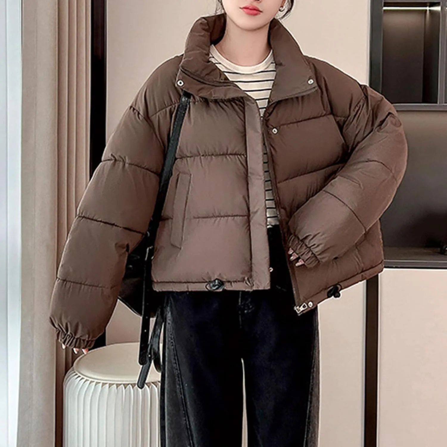Winter Cropped Puffer Coat Women Stand Collar Slim Fit Thermal Short Overcoat 2024 Fashion Solid Color Warm Down Coat