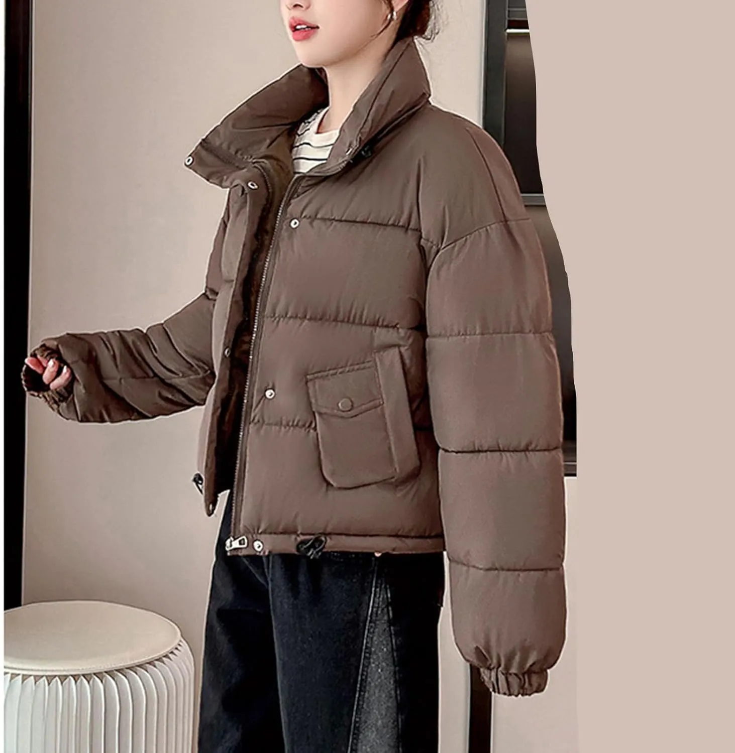 Winter Cropped Puffer Coat Women Stand Collar Slim Fit Thermal Short Overcoat 2024 Fashion Solid Color Warm Down Coat