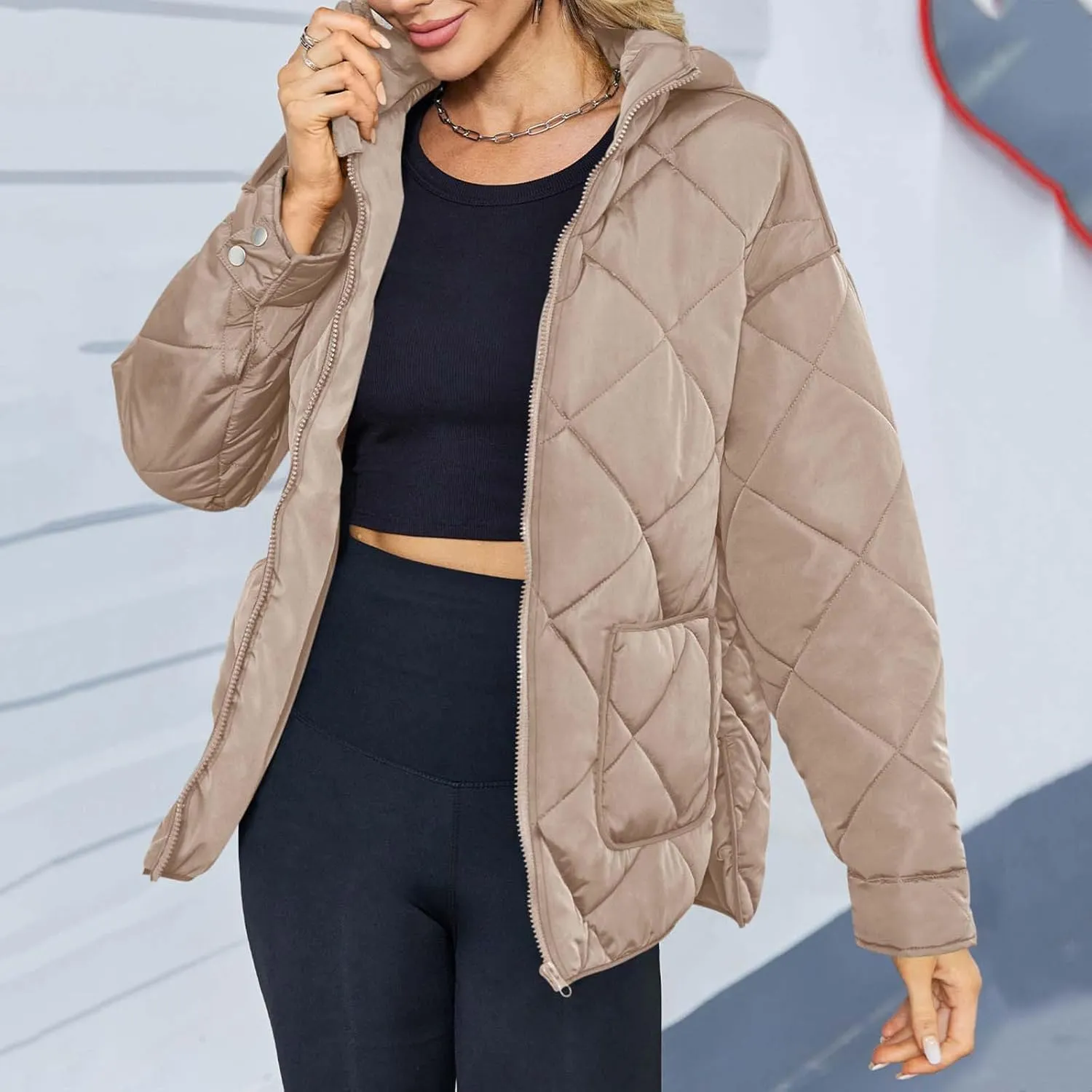 Winter Down Coat Women Quilted Puffer Jackets Thicken Warm Coats Zip Up Hood Jacket Stand Collar Outwear with Pockets