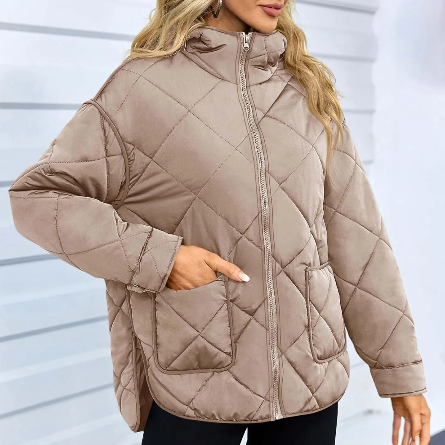 Winter Down Coat Women Quilted Puffer Jackets Thicken Warm Coats Zip Up Hood Jacket Stand Collar Outwear with Pockets