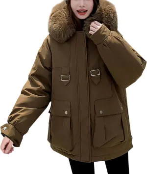 Winter Puffer Jackets Women Warm Down Coat Windproof Puffy Jacket with Faux Fur Hood Snow Parka Fashion Outerwear
