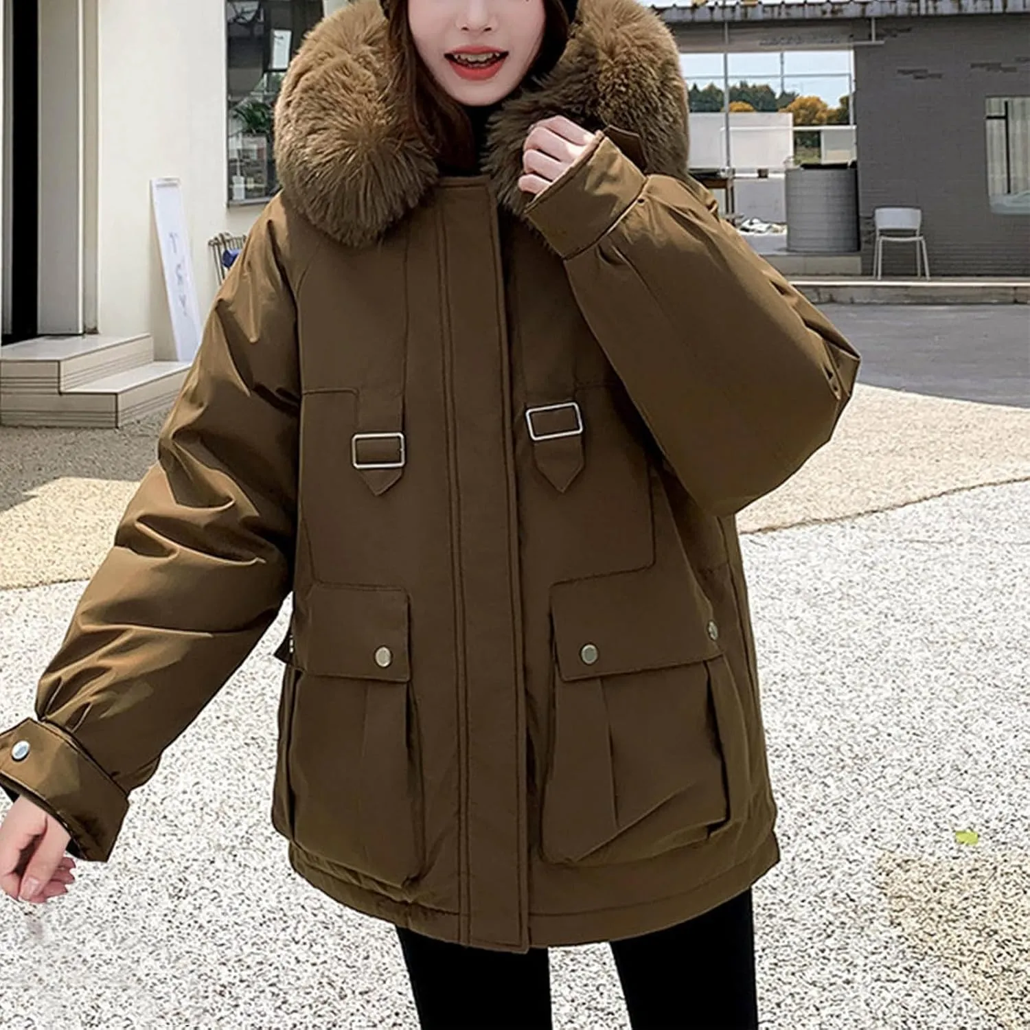 Winter Puffer Jackets Women Warm Down Coat Windproof Puffy Jacket with Faux Fur Hood Snow Parka Fashion Outerwear