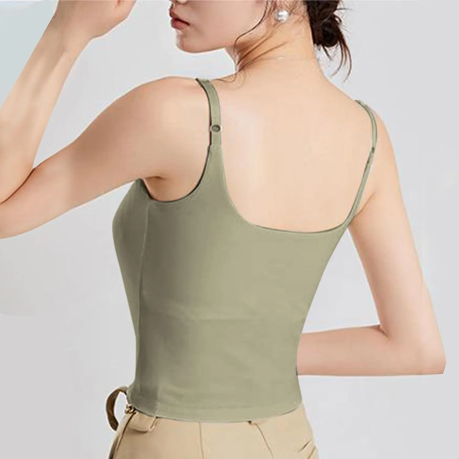 Women Adjustable Spaghetti Straps Cami Tops Summer Built in Bra Crop Tanks Sexy Fitting Square Neck Yoga Undershirt