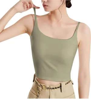 Women Adjustable Spaghetti Straps Cami Tops Summer Built in Bra Crop Tanks Sexy Fitting Square Neck Yoga Undershirt