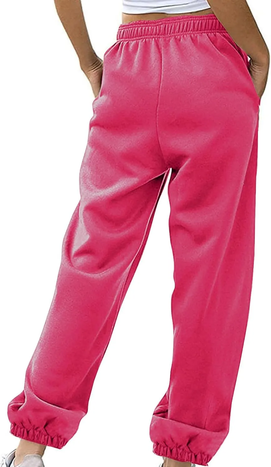Women Basic Fleece Sweatpants High Waisted Drawstring Cinch Bottom Trousers Baggy Lounge Sporty Jogger Pant Pocketed