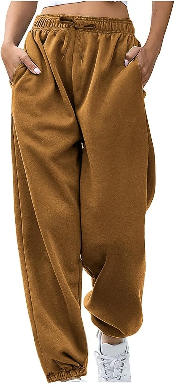 Women Basic Fleece Sweatpants High Waisted Drawstring Cinch Bottom Trousers Baggy Lounge Sporty Jogger Pant Pocketed