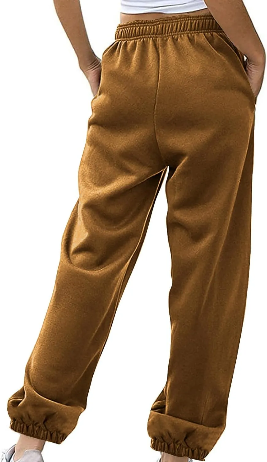 Women Basic Fleece Sweatpants High Waisted Drawstring Cinch Bottom Trousers Baggy Lounge Sporty Jogger Pant Pocketed