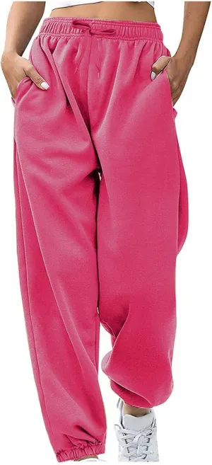Women Basic Fleece Sweatpants High Waisted Drawstring Cinch Bottom Trousers Baggy Lounge Sporty Jogger Pant Pocketed