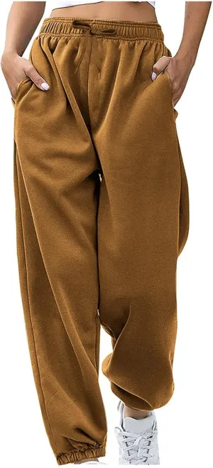 Women Basic Fleece Sweatpants High Waisted Drawstring Cinch Bottom Trousers Baggy Lounge Sporty Jogger Pant Pocketed