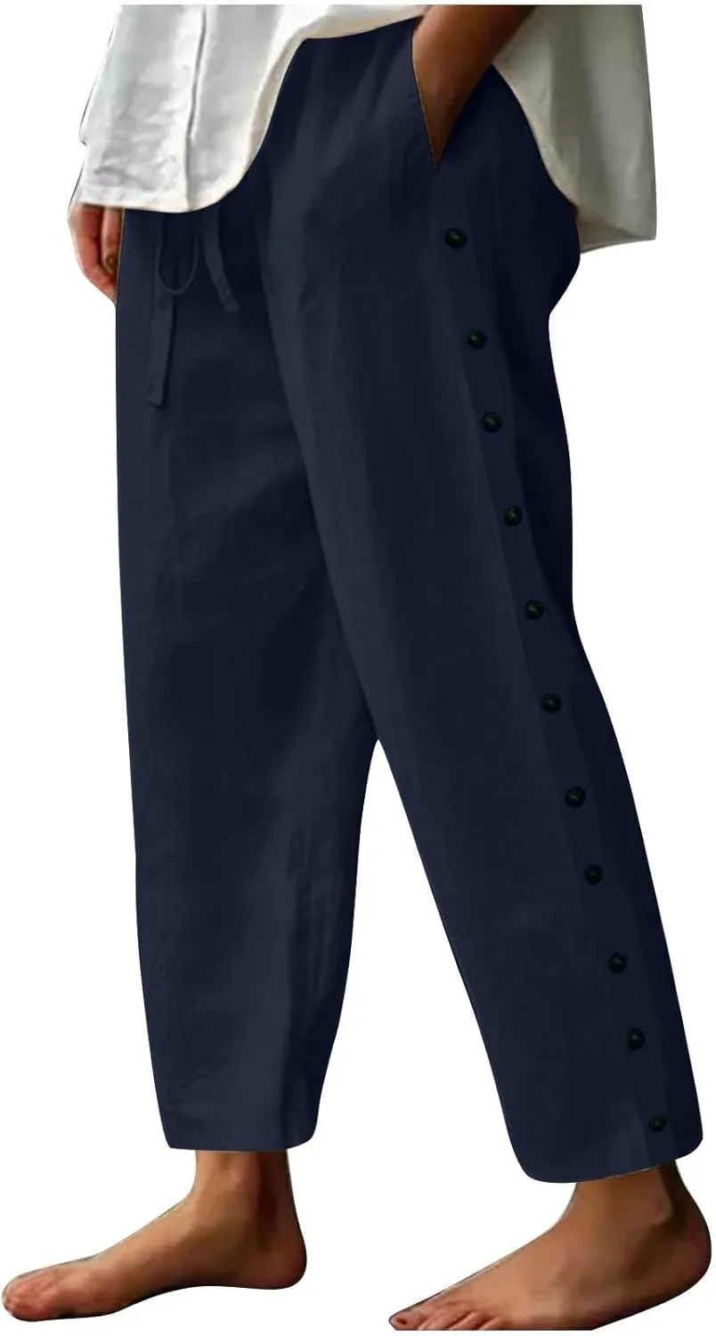 Women Casual Linen Pants Striped Side Button Elastic Waist Trendy Pants Cotton Straight Leg Baggy Trousers with Pocket