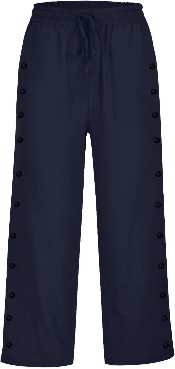 Women Casual Linen Pants Striped Side Button Elastic Waist Trendy Pants Cotton Straight Leg Baggy Trousers with Pocket