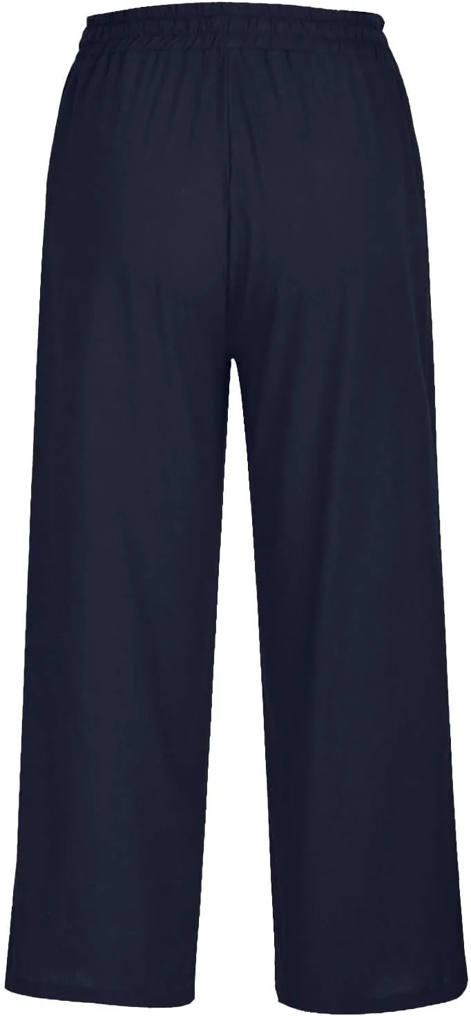 Women Casual Linen Pants Striped Side Button Elastic Waist Trendy Pants Cotton Straight Leg Baggy Trousers with Pocket