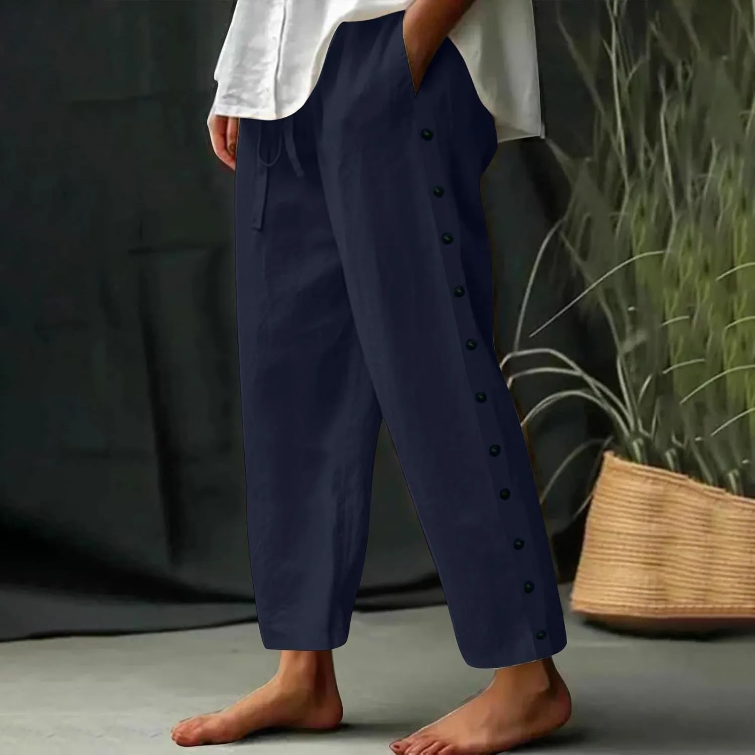 Women Casual Linen Pants Striped Side Button Elastic Waist Trendy Pants Cotton Straight Leg Baggy Trousers with Pocket