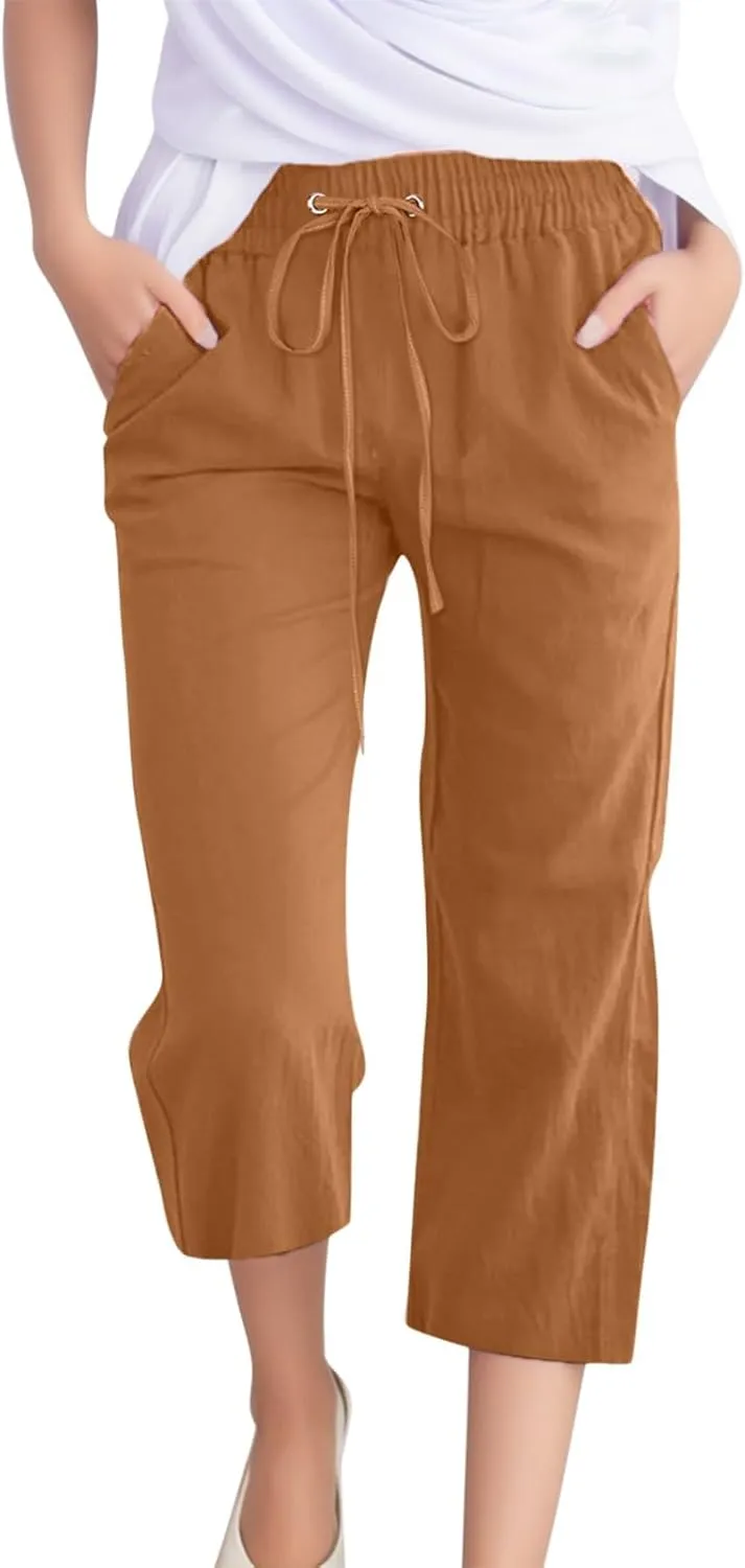 Women Comfortable High Waisted Wide Leg Pants Drawstring Elastic Trousers Comfy Straight Leg Long Pants with Pockets