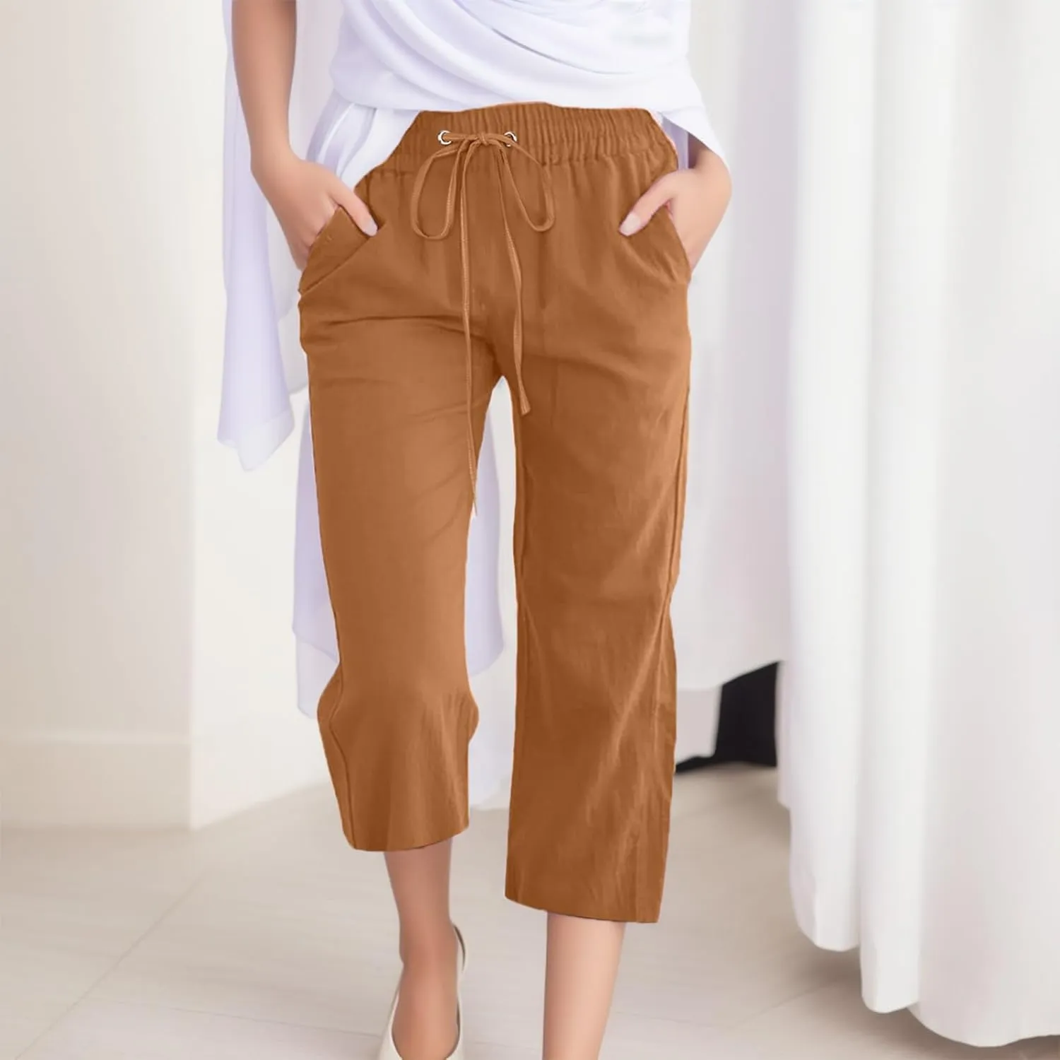 Women Comfortable High Waisted Wide Leg Pants Drawstring Elastic Trousers Comfy Straight Leg Long Pants with Pockets