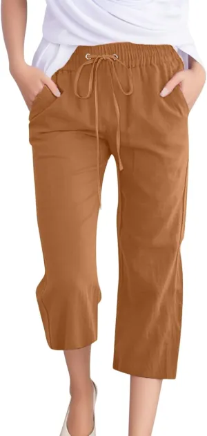 Women Comfortable High Waisted Wide Leg Pants Drawstring Elastic Trousers Comfy Straight Leg Long Pants with Pockets