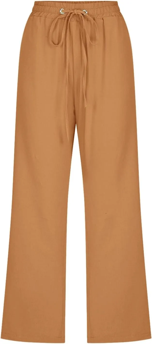 Women Comfortable High Waisted Wide Leg Pants Drawstring Elastic Trousers Comfy Straight Leg Long Pants with Pockets