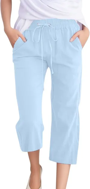 Women Comfortable High Waisted Wide Leg Pants Drawstring Elastic Trousers Comfy Straight Leg Long Pants with Pockets