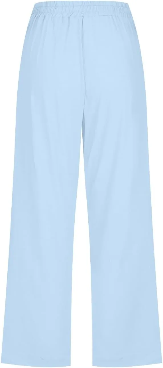Women Comfortable High Waisted Wide Leg Pants Drawstring Elastic Trousers Comfy Straight Leg Long Pants with Pockets