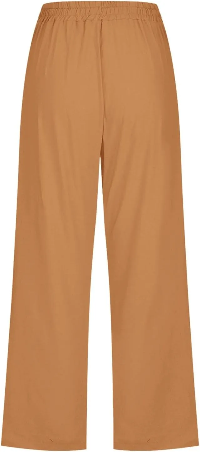 Women Comfortable High Waisted Wide Leg Pants Drawstring Elastic Trousers Comfy Straight Leg Long Pants with Pockets