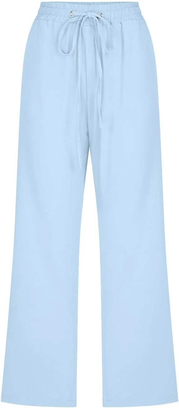 Women Comfortable High Waisted Wide Leg Pants Drawstring Elastic Trousers Comfy Straight Leg Long Pants with Pockets