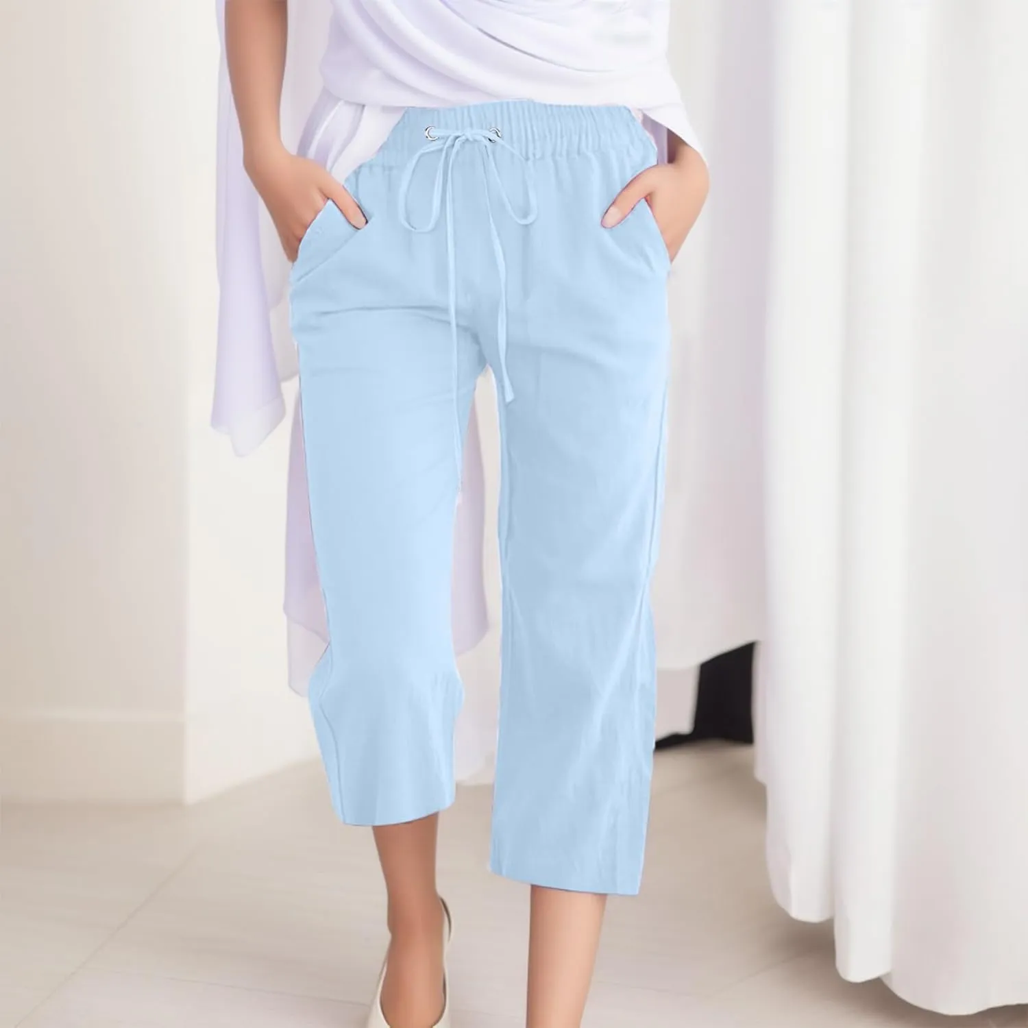 Women Comfortable High Waisted Wide Leg Pants Drawstring Elastic Trousers Comfy Straight Leg Long Pants with Pockets