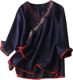 Women Cotton Linen Shirts Vintage Chinese Embroidery 3/4 Sleeve Casual Trendy Tops Loose V Neck Side Tie Slit Blouse
