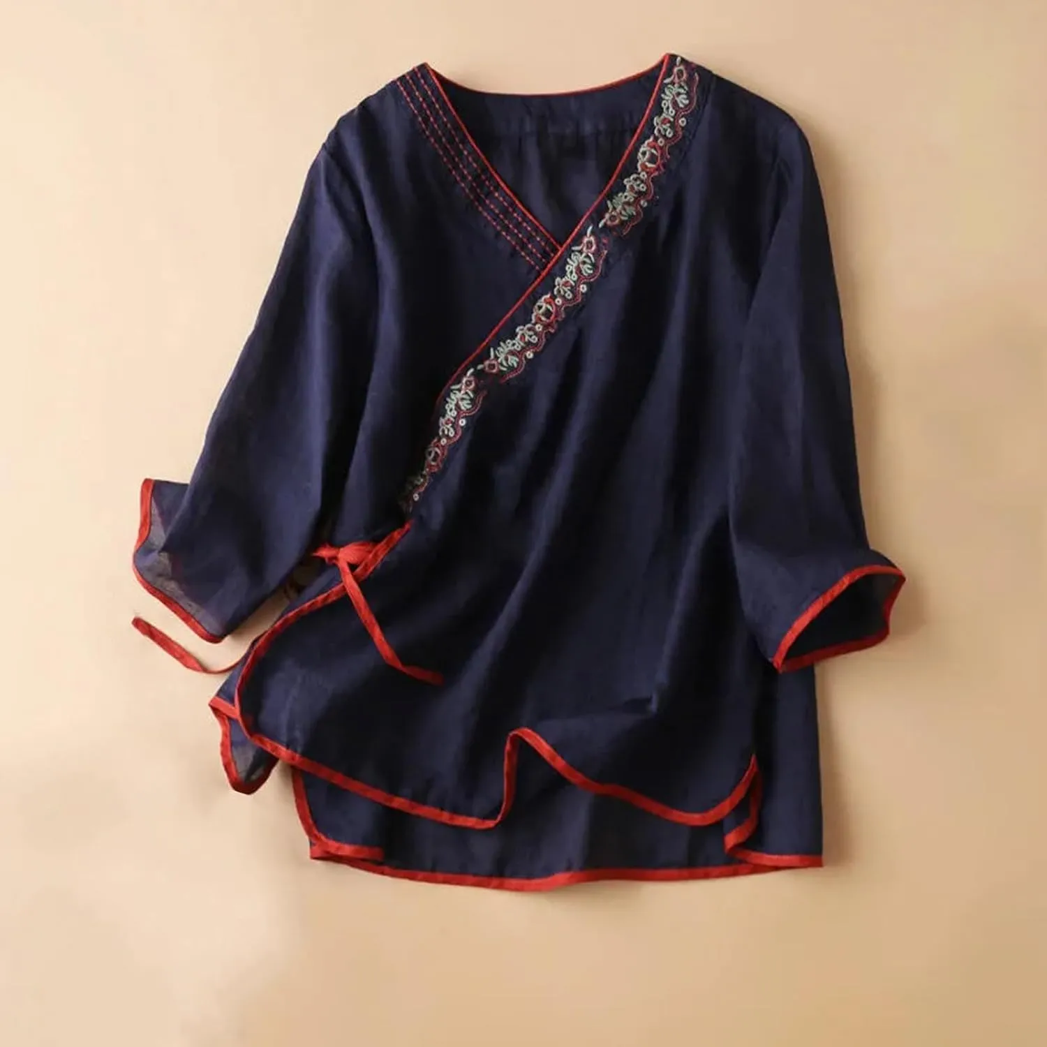 Women Cotton Linen Shirts Vintage Chinese Embroidery 3/4 Sleeve Casual Trendy Tops Loose V Neck Side Tie Slit Blouse