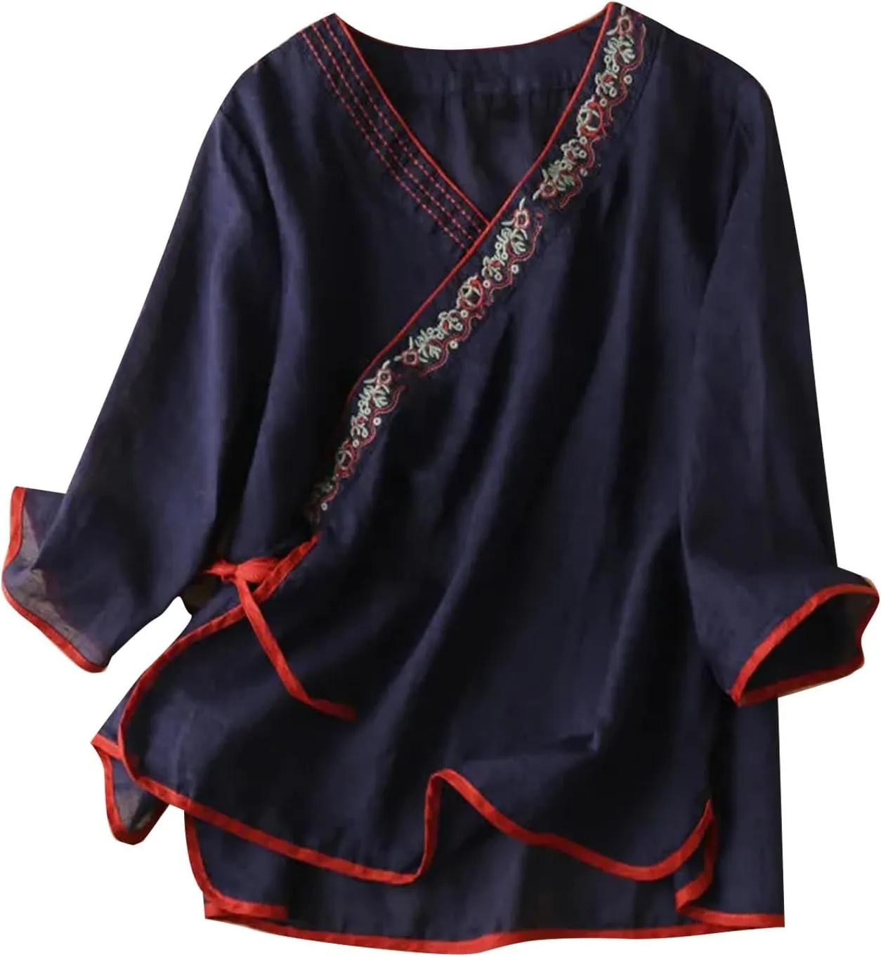 Women Cotton Linen Shirts Vintage Chinese Embroidery 3/4 Sleeve Casual Trendy Tops Loose V Neck Side Tie Slit Blouse