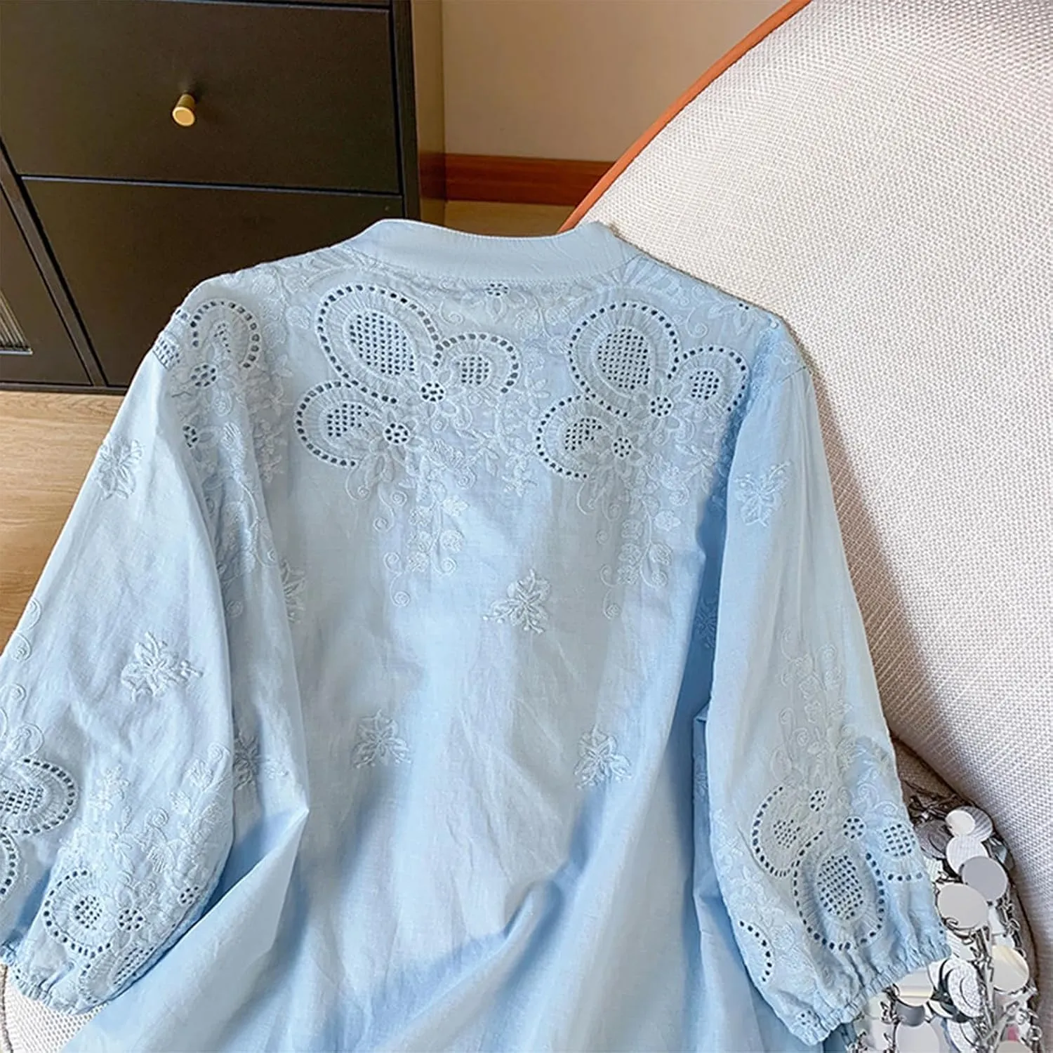 Women Cotton Linen Tops 2025 Summer 3/4 Lantern Sleeve Embroidered Shirts Loose V-Neck Boho Tees Vintage Blouses