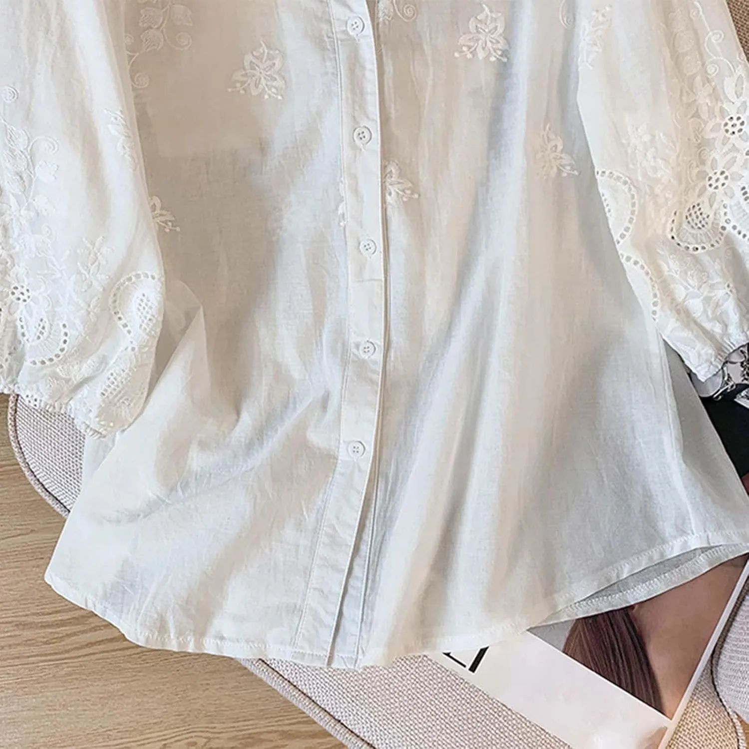 Women Cotton Linen Tops 2025 Summer 3/4 Lantern Sleeve Embroidered Shirts Loose V-Neck Boho Tees Vintage Blouses