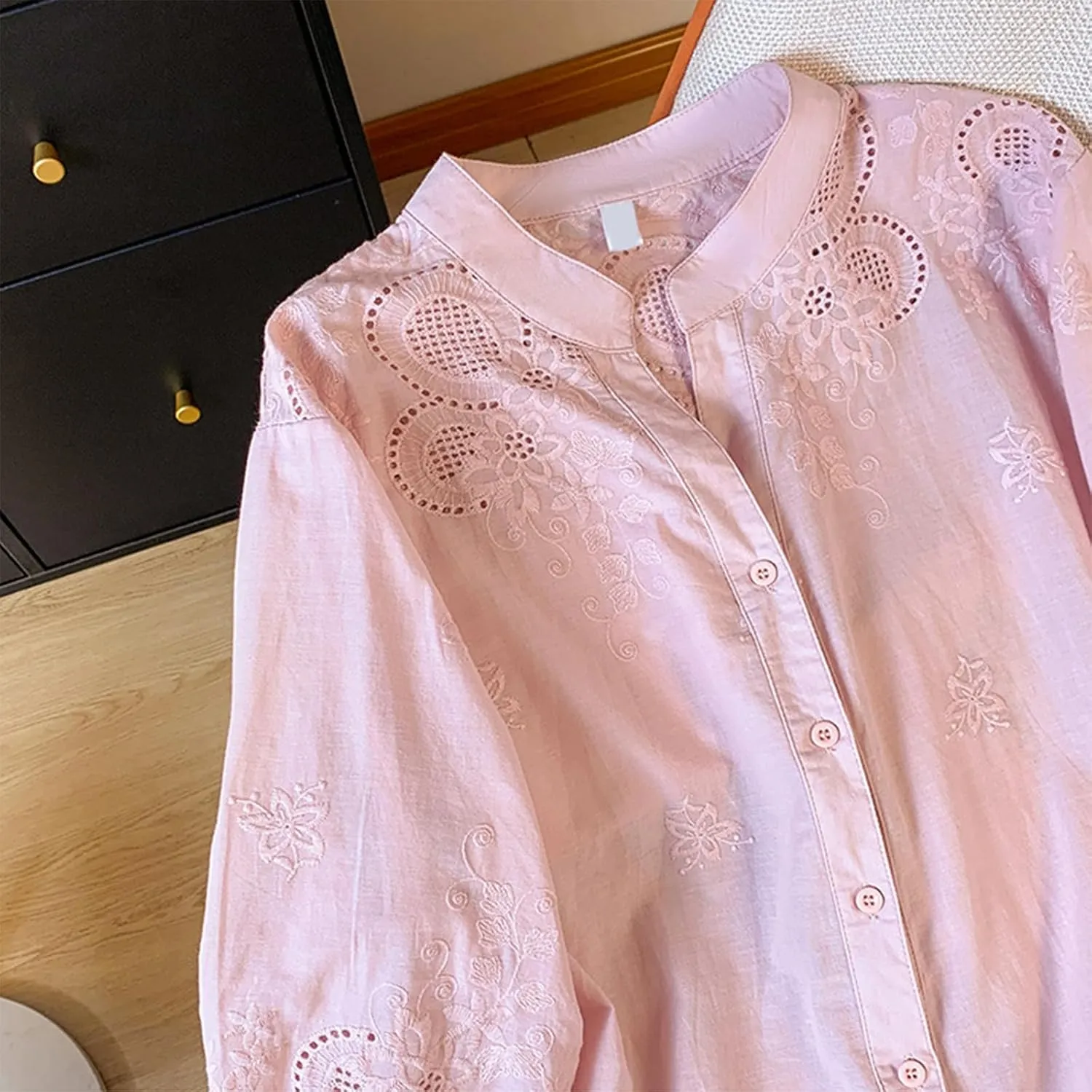 Women Cotton Linen Tops 2025 Summer 3/4 Lantern Sleeve Embroidered Shirts Loose V-Neck Boho Tees Vintage Blouses