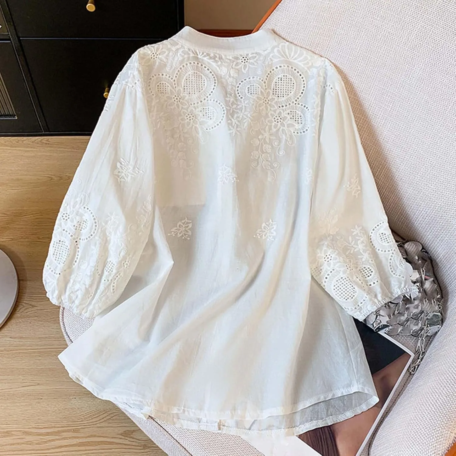 Women Cotton Linen Tops 2025 Summer 3/4 Lantern Sleeve Embroidered Shirts Loose V-Neck Boho Tees Vintage Blouses