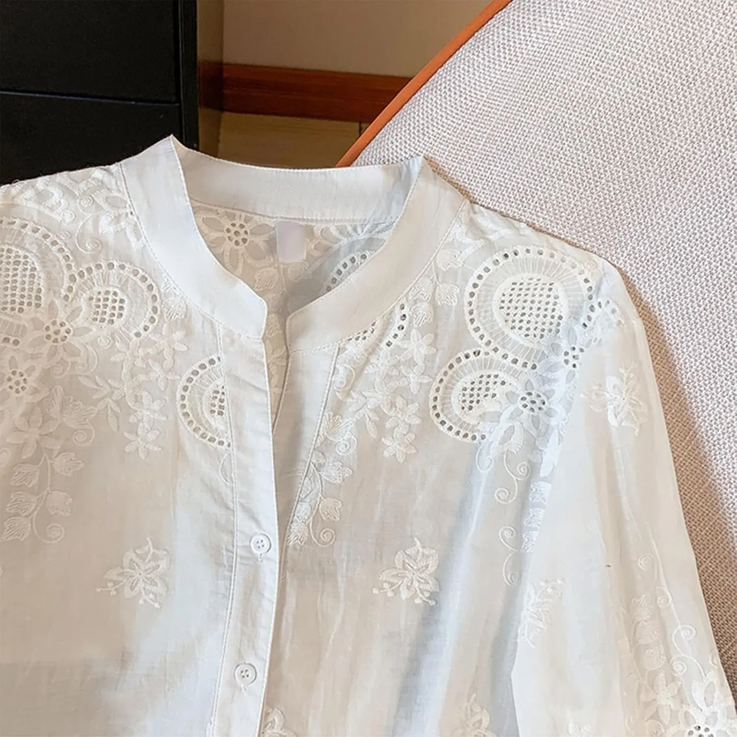 Women Cotton Linen Tops 2025 Summer 3/4 Lantern Sleeve Embroidered Shirts Loose V-Neck Boho Tees Vintage Blouses