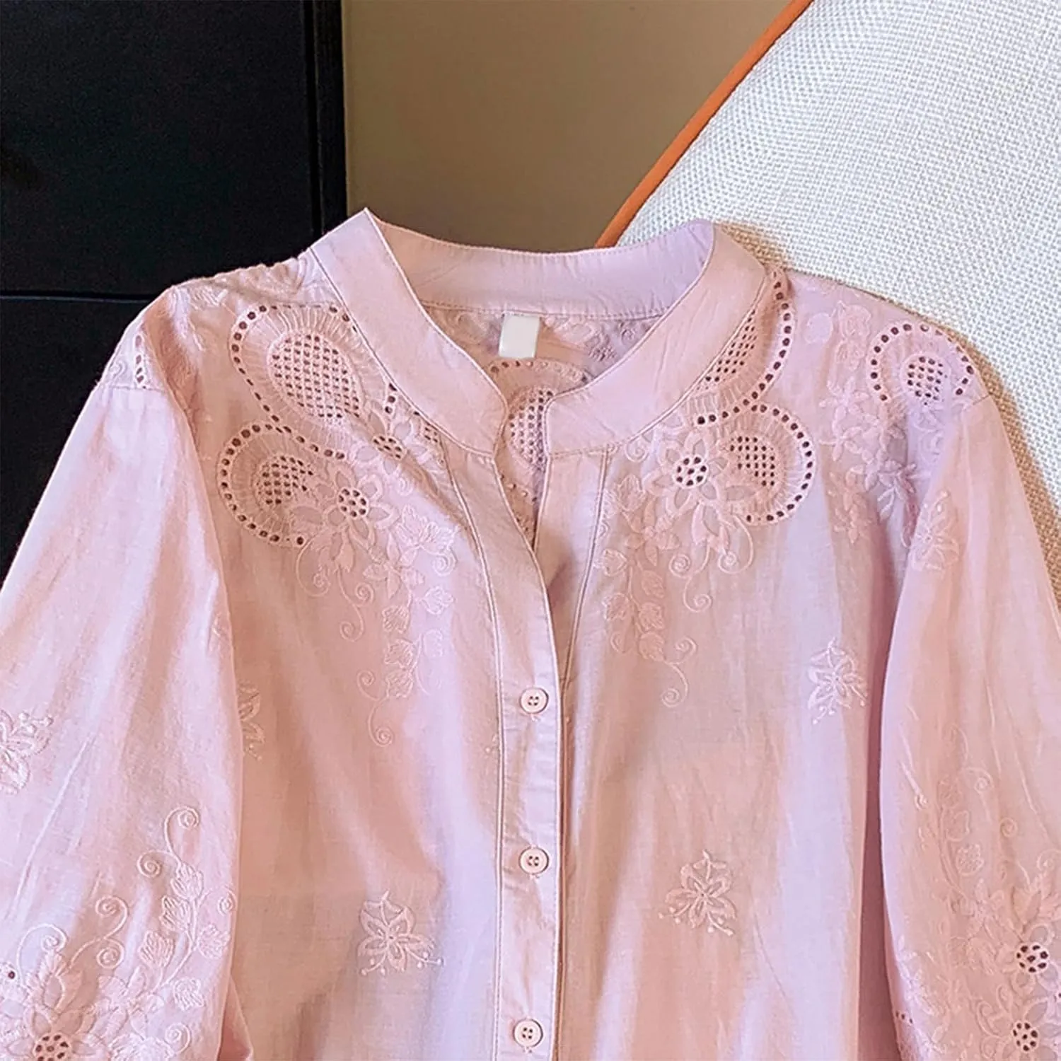 Women Cotton Linen Tops 2025 Summer 3/4 Lantern Sleeve Embroidered Shirts Loose V-Neck Boho Tees Vintage Blouses