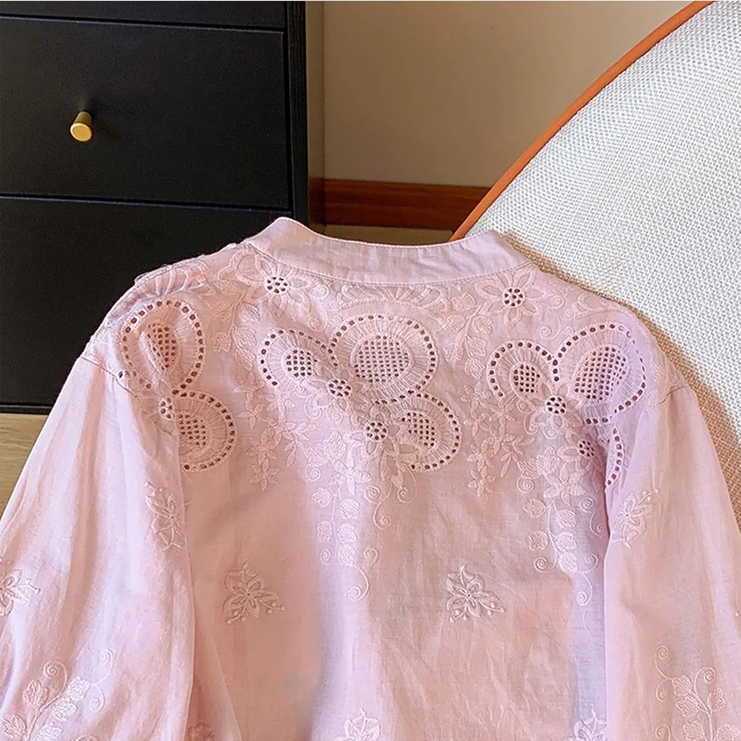 Women Cotton Linen Tops 2025 Summer 3/4 Lantern Sleeve Embroidered Shirts Loose V-Neck Boho Tees Vintage Blouses