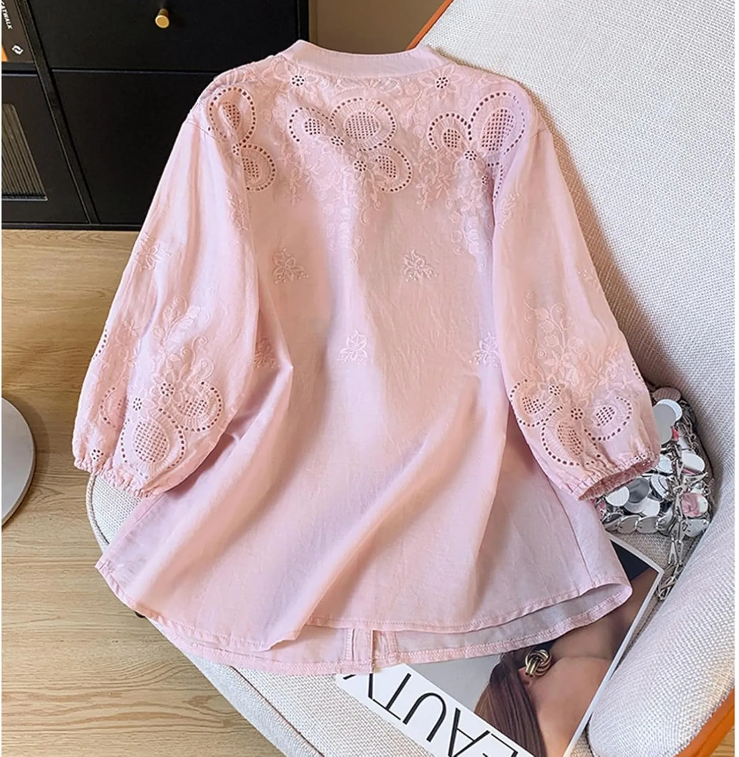 Women Cotton Linen Tops 2025 Summer 3/4 Lantern Sleeve Embroidered Shirts Loose V-Neck Boho Tees Vintage Blouses