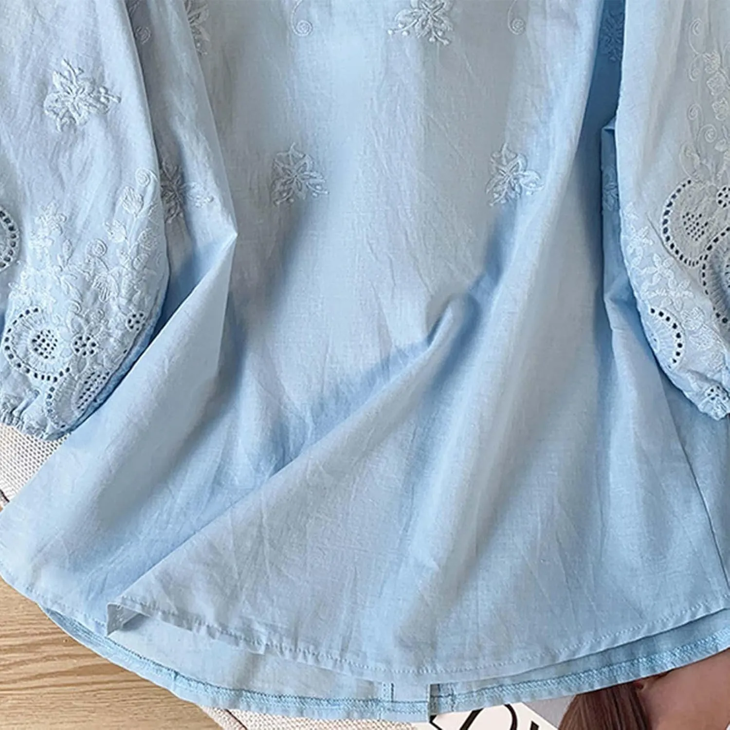 Women Cotton Linen Tops 2025 Summer 3/4 Lantern Sleeve Embroidered Shirts Loose V-Neck Boho Tees Vintage Blouses