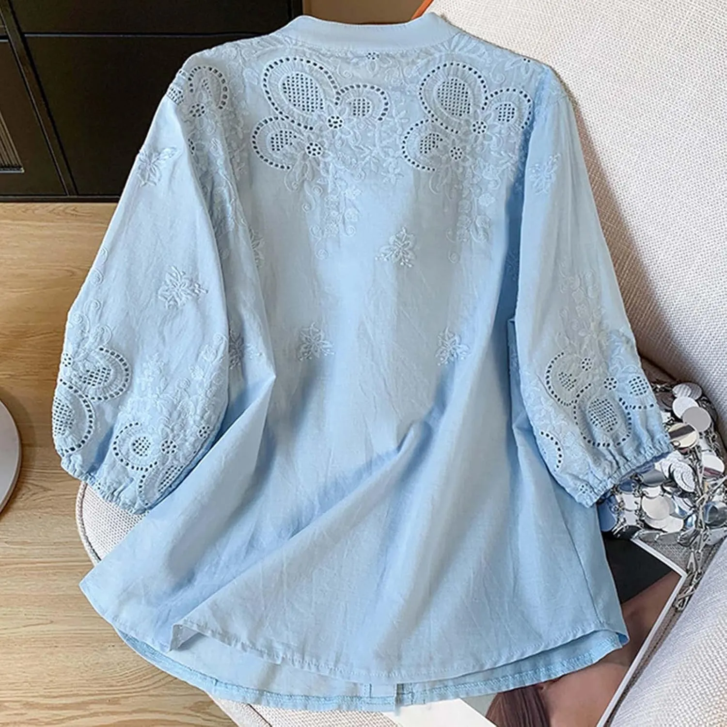 Women Cotton Linen Tops 2025 Summer 3/4 Lantern Sleeve Embroidered Shirts Loose V-Neck Boho Tees Vintage Blouses