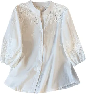 Women Cotton Linen Tops 2025 Summer 3/4 Lantern Sleeve Embroidered Shirts Loose V-Neck Boho Tees Vintage Blouses