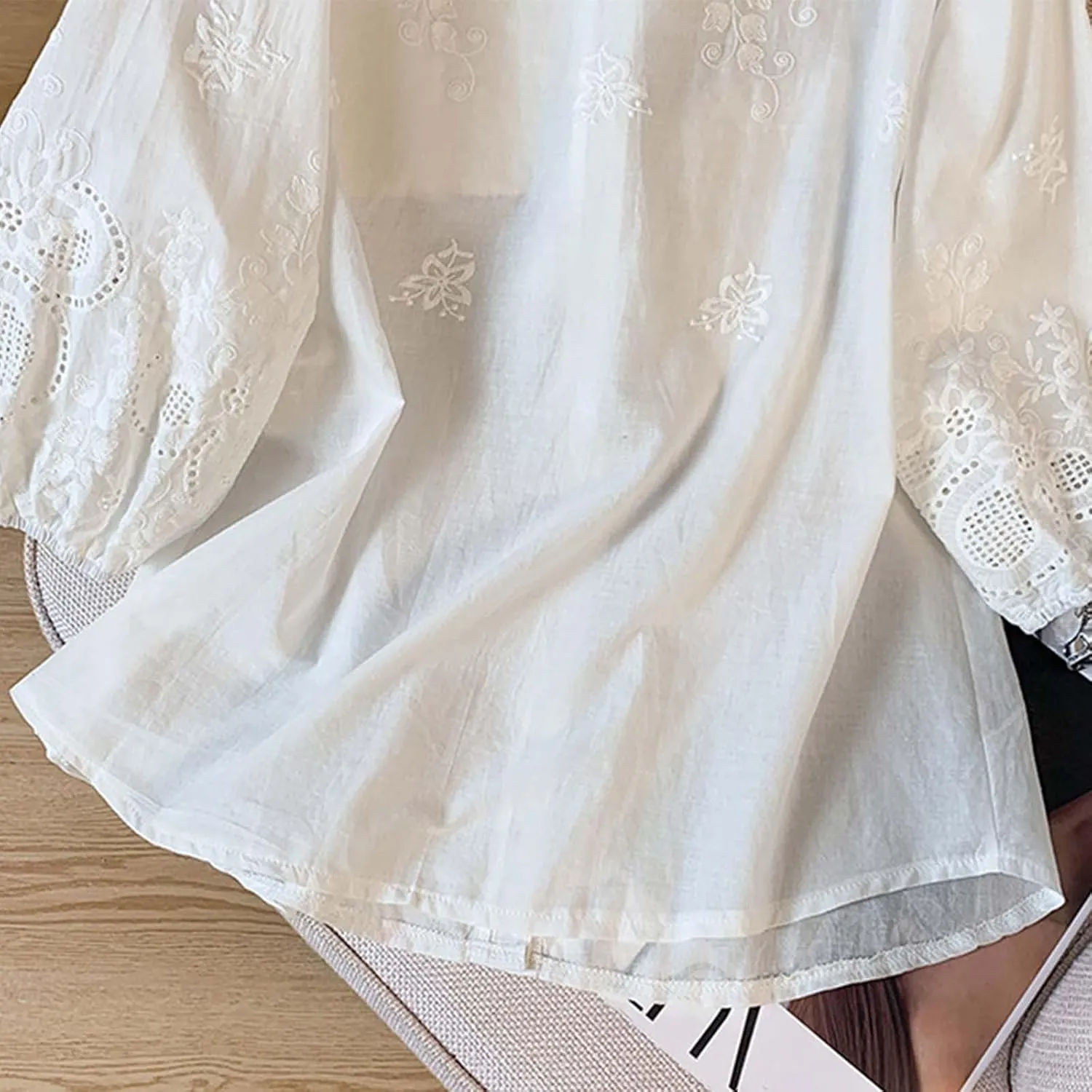 Women Cotton Linen Tops 2025 Summer 3/4 Lantern Sleeve Embroidered Shirts Loose V-Neck Boho Tees Vintage Blouses