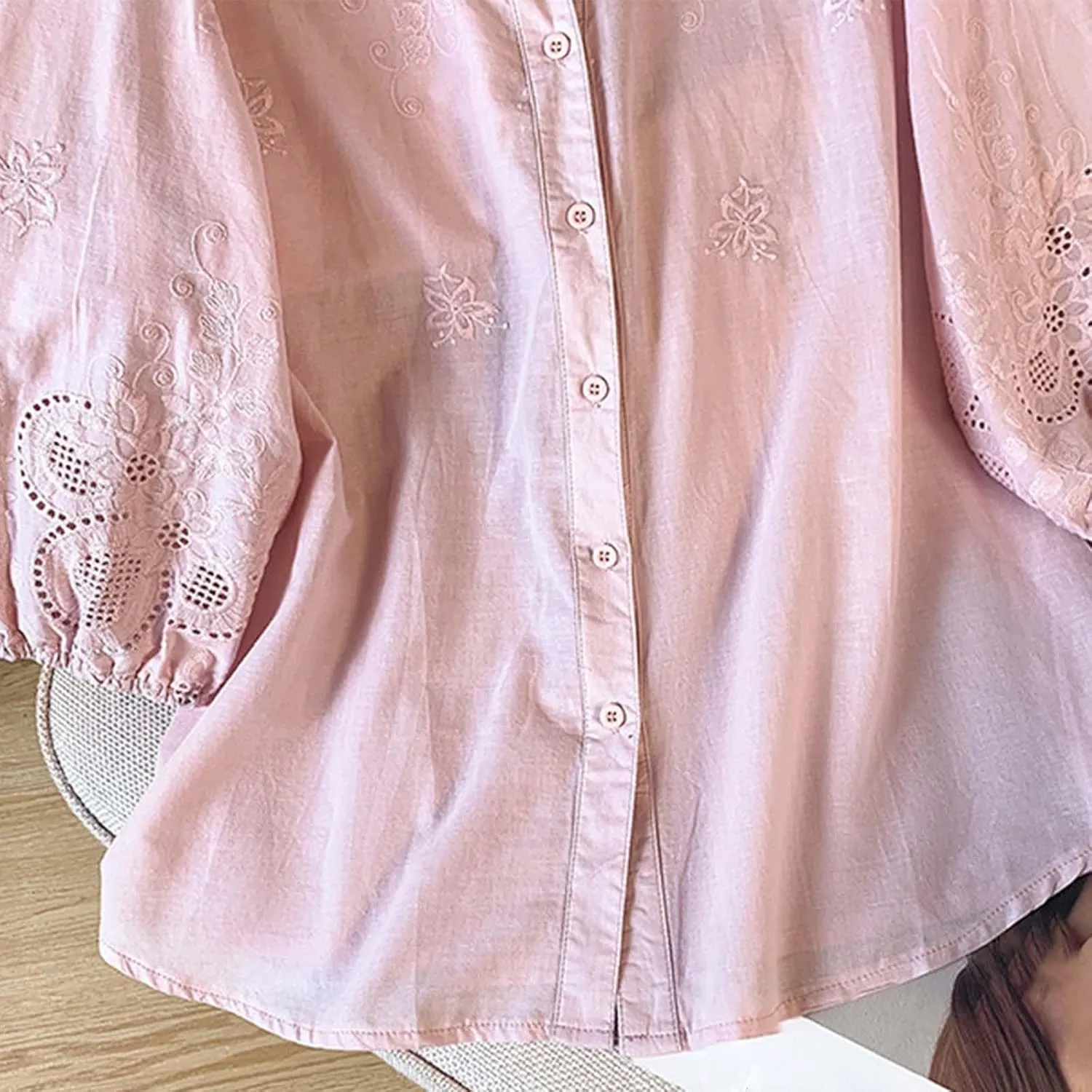 Women Cotton Linen Tops 2025 Summer 3/4 Lantern Sleeve Embroidered Shirts Loose V-Neck Boho Tees Vintage Blouses